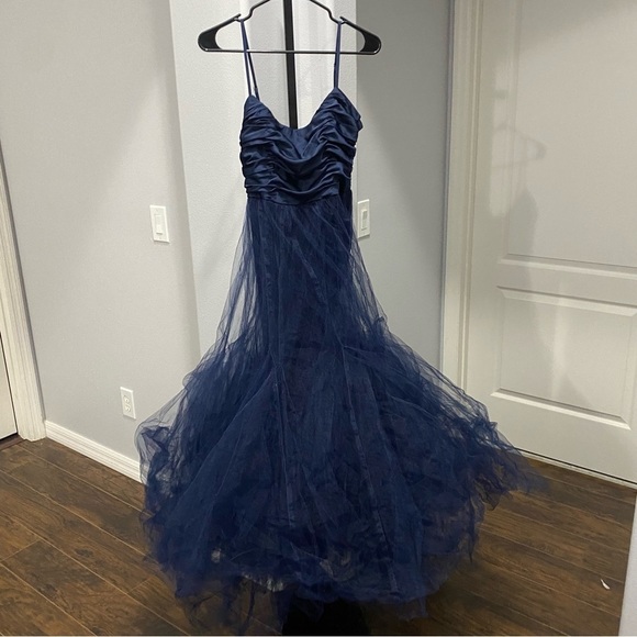 Hutch Toni Barre Sleeveless Tulle Maxi Dress Navy Blue Satin Gown Balletcore 2 - Picture 2 of 10